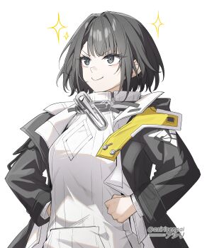 1girl absurdres arknights arknights:_endfield asiri_senpai black_coat black_eyes black_hair breasts coat commentary endministrator_(arknights) female_endministrator_(arknights) hands_on_own_hips highres medium_breasts no_mask open_clothes open_coat short_hair smile solo sparkle sweater upper_body white_sweater