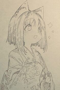 1girl :3 abara_heiki animal_ear_fluff animal_ears blush cat_ears cat_girl character_request floral_print floral_print_kimono hands_up highres japanese_clothes kimono looking_afar medium_hair monochrome open_mouth print_kimono raised_eyebrows sketch star_(symbol) traditional_media