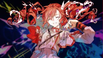 1girl drill_hair grey_jacket highres jacket karanagare kasane_teto kasane_teto_(sv) long_hair red_hair red_trim shoulder_belt side_ponytail skirt sleeve_cuffs solo striped_clothes striped_jacket striped_skirt synthesizer_v twin_drills utau