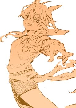 1girl absurdres animal_ears black_shorts breasts feet_out_of_frame floating grin highres horse_ears horse_girl horse_race_tests jovial_merryment long_sleeves looking_down medium_hair monochrome orange_hair orange_shirt orange_theme pointing pointing_at_viewer remise shirt shorts simple_background small_breasts smile solo teeth white_background