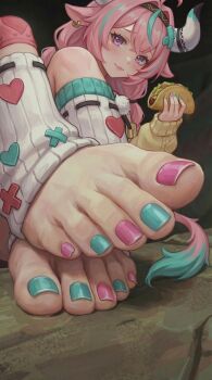 absurdres animal_ears applying_pedicure bandaid_on_horn commentary_request cosmetics cow_ears cow_girl cow_horns feet foot_focus genshin_impact greek_toe highres horns nail_polish no_shoes painting_toenails presenting_foot taco toenail_polish toenails toes user_tken3783 varesa_(genshin_impact) white_horns yellow_sleeves