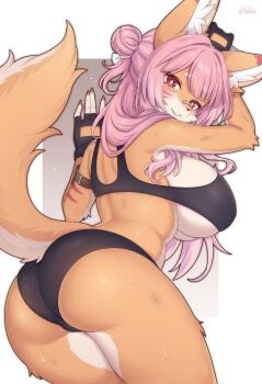 1girl aiguillette animal_ear_fluff animal_ears animal_nose arm_belt arm_markings arm_pouch armpit_crease artist_name ass back bandaid bandaid_on_face bandaid_on_nose black_gloves black_panties black_sports_bra blush breasts bright_pupils brown_background clothing_cutout commentary commission diamond-shaped_pupils diamond_(shape) english_commentary facial_mark fingerless_gloves fox_ears fox_girl fox_tail furry furry_female glove_cutout gloves grease_(mechanical) hair_bun half_updo highres large_breasts long_hair looking_at_viewer median_furrow mo_(k40633) orange_fur original panties parted_lips pink_hair pink_nails red_eyes second-party_source shoulder_blades solo sports_bra sweat symbol-shaped_pupils tail teeth thighs two-tone_fur underboob underwear white_background white_fur white_pupils