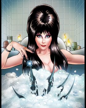 1girl artist_collaboration bath bathroom big_hair black_hair blue_eyes breasts bubble_bath candle cleavage elvira:_mistress_of_the_dark elvira_(elvira:_mistress_of_the_dark) highres jagdish_kumar jewelry john_royle large_breasts long_hair looking_at_viewer ring signature solo tile_wall tiles
