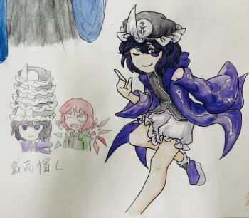 2others androgynous arrow_print asymmetrical_wings bare_legs black_hat black_shirt blue_wings boots chibi closed_mouth clothing_cutout coattails collared_shirt commentary_request cropped_legs cropped_torso crystal_wings detached_wings floating_clothes frilled_headwear frilled_shorts frills frown green_jacket hair_between_eyes hat highres hood hood_down hooded_jacket jacket knees leg_up len&#039;en letossa long_sleeves looking_at_object looking_at_viewer loose_socks mismatched_wings mob_cap multiple_others multiple_views one_eye_closed open_clothes open_jacket open_mouth other_focus photo_(medium) print_jacket puffy_shorts purple_boots purple_eyes purple_hair purple_jacket red_hair red_wings shirt shitodo_hooaka shitodo_kuroji short_hair shorts shoulder_cutout siblings single_bare_shoulder sleeveless sleeveless_shirt sleeves_past_fingers sleeves_past_wrists smirk smug snapping_fingers socks solid_oval_eyes surprised sweatdrop traditional_media triangular_headpiece white_shorts white_socks wide-eyed wide_sleeves wings