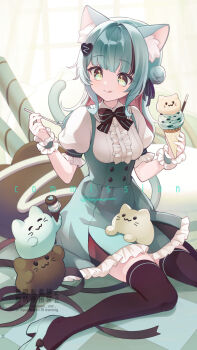 +_+ 1girl animal_ears blunt_bangs blush borrowed_character breasts buttons cat cat_ears cat_girl cat_tail center_frills closed_mouth collared_shirt colored_inner_hair commentary_request commission food frilled_skirt frilled_sleeves frilled_wrist_cuffs frills full_body green_eyes green_hair green_skirt hair_intakes highres holding holding_food holding_ice_cream holding_spoon ice_cream long_hair medium_breasts momoyama_momo multicolored_hair original shirt short_sleeves sitting skeb_commission skirt smile solo spoon suspender_skirt suspenders tail thighhighs twitter_username wariza watermark white_shirt wrist_cuffs zettai_ryouiki