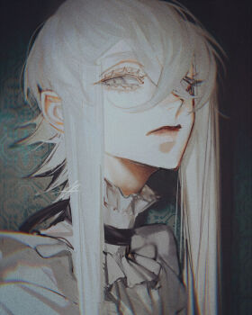 1boy androgynous asclepius_(fate) au_(d_elete) closed_mouth colored_eyelashes commentary crossed_bangs dress_shirt fate/grand_order fate_(series) grey_eyes grey_theme hair_between_eyes looking_at_viewer male_focus shirt solo wallpaper_(object) white_eyelashes white_hair white_shirt