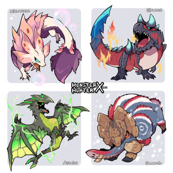 Rule 34 | absurdres, astalos, black sclera, blue sclera, breath weapon, breathing fire, bubble, character name, chibi, chibi only, claws, colored sclera, commentary request, copyright name, dragon, electricity, fins, fire, gammoth, glavenus, green eyes, grey background, head fins, highres, horns, ikuchi osutega, mizutsune, monster, monster focus, monster hunter (series), monster hunter x, multicolored fur, no humans, open mouth, orange sclera, purple fur, sharp teeth, simple background, snow, teeth, tusks, two-tone background, white background, wings, wyvern