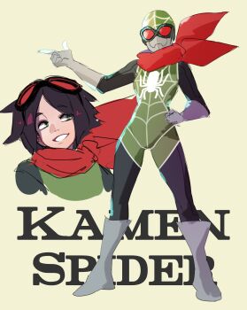 Rule 34 | 1girl, azuumori, black hair, boots, commentary, elbow gloves, english commentary, eyelashes, full body, gloves, goggles, goggles on head, green eyes, grey boots, grey gloves, hand on own hip, highres, kamen rider, marvel, mask, multiple views, original, pun, red scarf, scarf, short hair, simple background, smile, spider-man (series), spidersona, standing, superhero costume, white background