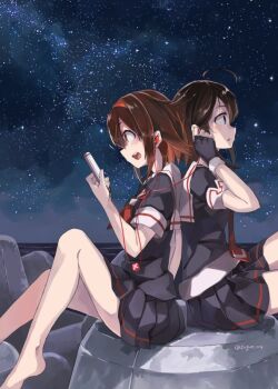 2girls :d ahoge arm_up back-to-back barefoot black_gloves black_hair black_serafuku black_skirt blue_eyes brown_eyes brown_hair cellphone commentary earphones fingerless_gloves from_side gloves hair_flaps headband holding holding_phone kantai_collection long_hair multiple_girls neckerchief night ocean open_mouth outdoors parted_lips phone pleated_skirt profile red_neckerchief remodel_(kantai_collection) round_teeth sailor_collar school_uniform serafuku shared_earphones sharing shigure_(kancolle) shiratsuyu_(kancolle) short_hair short_sleeves sitting skirt sky smartphone smile star_(sky) starry_sky sugue_tettou teeth tetrapod twitter_username water white_sailor_collar