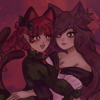 2girls animal_ears blunt_bangs braid bright_pupils brown_hair cat_ears cat_girl extra_ears imaizumi_kagerou kaenbyou_rin long_hair long_sleeves looking_at_another mil_sulley multiple_girls open_mouth pointy_ears red_background red_eyes red_hair side_braids smile touhou twin_braids upper_body white_pupils wolf_ears wolf_girl yuri