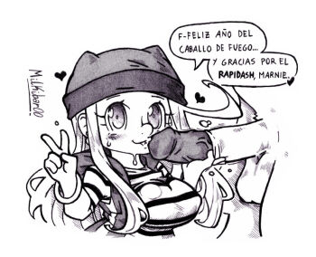 animal_penis breasts chinese_zodiac digimon digimon_frontier gen_1_pokemon hat horse horse_penis jacket long_hair looking_at_viewer milkibar00 nintendo orimoto_izumi penis pokemon rapidash v year_of_the_horse