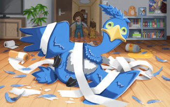 1girl :o animal_focus bird blue_feathers blue_overalls book bottle brown_hair charmander closed_mouth commentary_request cramorant dashimaki_gorilla_(dasigori) feathers gen_1_pokemon gen_8_pokemon green_eyes juice leon_(pokemon) long_sleeves looking_at_viewer nintendo open_door open_mouth orange_juice overalls paper_towel picture_frame pikachu plant poke_ball_symbol pokemon pokemon_(creature) pokemon_focus pokemon_swsh poster_(object) potted_plant shelf shirt shoes solid_oval_eyes spill standing stuffed_toy television tissue tissue_box