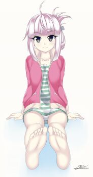 Rule 34 | 1girl, artist name, bare legs, barefoot, dress, feet, feet together, foot focus, green dress, grey eyes, handsofmidaz, highres, jacket, momoka (omega quintet), omega quintet, open clothes, open jacket, panties, petite, pink hair, pink jacket, sitting, smile, soles, solo, striped clothes, striped dress, toes, underwear, white background, white panties