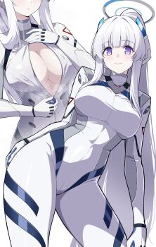 1girl blue_archive bodysuit breasts cleavage halo highres large_breasts long_hair looking_at_viewer mechanical_halo noa_(blue_archive) partially_unzipped purple_eyes reia_76 unzipping white_bodysuit zipper zipper_pull_tab