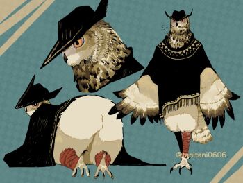 1boy abstract_background artist_name ass beak bird bird_legs black_beak black_cloak black_hat brown_feathers cloak colored_sclera commentary_request feathers furry furry_male hat huge_ass male_focus nervous_sweating orange_sclera original owl owl_boy reference_sheet solo standing sweat talons tanitani0606 winged_arms wings