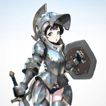 1girl armor artist_name black_hair blue_eyes breastplate commentary cuisses english_commentary eyelashes furrowed_brow gauntlets greaves helmet highres holding holding_shield holding_sword holding_weapon hong_soon-jae knight original plate_armor shield short_hair shoulder_armor simple_background solo speech_bubble sword thighs weapon