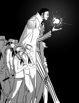 6+boys 6cheetah army black_hair coat epaulettes facial_hair feet_out_of_frame greyscale height_difference highres kizaru_(one_piece) long_legs long_sideburns male_focus marine_uniform_(one_piece) mature_male monochrome multiple_boys mustache_stubble one_piece photokinesis profile short_hair sideburns sketch sparse_stubble standing stubble sunglasses walking