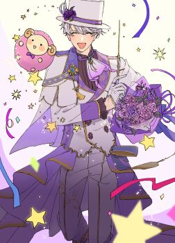 1boy :d ^_^ absurdres ascot blush boots bouquet buttons choppy_bangs closed_eyes collared_capelet collared_shirt confetti costume_request curled_horns double-breasted dress_pants feet_out_of_frame flower flower_wrapper formal_clothes frilled_sleeves frills gloves gold_trim grin half_capelet half_gloves hat hat_feather hat_flower hat_ribbon highres holding holding_bouquet horns jacket jewelry knee_boots lapels magician male_focus mc_(obey_me!) obey_me!:_one_master_to_rule_them_all! open_mouth puppyyoshida purple_flower purple_rose ribbon ring rose shawl_lapels sheep shirt smile solomon_(obey_me!) sparkle star_(symbol) suit suit_jacket tassel top_hat two-tone_background wand white_background white_hair white_suit