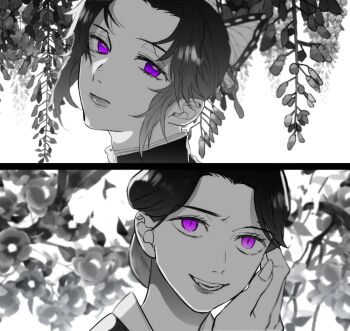 2girls blurry blurry_background closed_mouth demon_slayer_uniform disgust eyelashes fangs fingernails flower grin hand_up head_tilt japanese_clothes kapuriko_(giant_kmt) kimetsu_no_yaiba kimono kochou_shinobu lipstick makeup monochrome multiple_girls parted_lips portrait purple_eyes sidelocks slit_pupils smile split_screen spot_color tamayo_(kimetsu_no_yaiba) updo wisteria