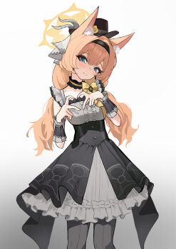1girl absurdres animal_ear_fluff animal_ears black_hairband black_hat black_overskirt black_pantyhose black_wrist_cuffs blue_archive blue_eyes blush cat_ears chinese_commentary choker commentary_request cowboy_shot dress flower fluffy_hair four-finger_heart_hands frilled_choker frills front-seamed_legwear gradient_background grey_dress grey_feathers hairband halo hands_up hat hat_flower head_tilt heart heart_hands highres idol idol_clothes long_hair looking_at_viewer loushao low_twintails mari_(blue_archive) mari_(idol)_(blue_archive) mini_hat mini_top_hat official_alternate_costume orange_hair pantyhose rose seamed_legwear simple_background smile solo top_hat twintails wrist_cuffs yellow_flower yellow_halo yellow_rose