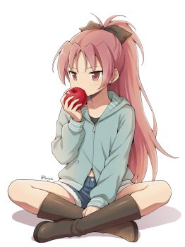 Rule 34 | 1girl, aqua hoodie, artist name, black bow, black shirt, boots, bow, brown boots, commentary, denim, denim shorts, dot nose, eating, food, fruit, full body, fur trim, hand on own leg, hand up, highres, holding, holding food, holding fruit, hood, hoodie, indian style, long hair, mahou shoujo madoka magica, mahou shoujo madoka magica (anime), midriff peek, ponytail, purigetsu, red eyes, red hair, sakura kyoko, shirt, shorts, simple background, sitting, solo, untranslatable commentary, white background