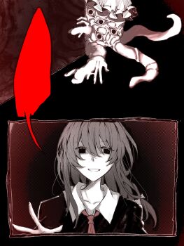 1girl 1other alternate_hair_length_(longer) black_eyes black_hair black_shirt blank_speech_bubble body_horror bow collarbone collared_shirt commentary contrast_collar crawling dated_commentary eyes_on_body grin guro hair_bow hat highres horror_(theme) long_hair maribel_hearn missing_headwear mob_cap monsterification necktie oriharareimu red_necktie red_theme shirt smile speech_bubble tentacles touhou usami_renko white_bow white_hat