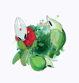 1girl arthropod_girl artist_name ben-day_dots black_eyes cloak commentary film_grain flying from_above full_body green_water halftone highres hightguy hollow_knight hollow_knight:_silksong hornet_(hollow_knight) horns horseback_riding leaf_glider_(hollow_knight) lily_pad palestag_(hollow_knight) plant red_cloak riding screentones simple_background symbol-only_commentary water white_background