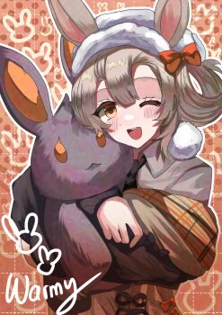 1girl ;d animal_ears arknights black_necktie blue_sealad blush brown_background brown_eyes brown_hair character_name collared_shirt dotted_line grey_shirt hugging_object long_sleeves looking_at_viewer necktie off_shoulder one_eye_closed open_mouth outline shirt short_hair smile solo split_mouth stuffed_animal stuffed_toy teeth upper_body upper_teeth_only warmy_(arknights) warmy_(warm_velvet_at_the_corner)_(arknights) white_outline