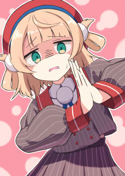 Rule 34 | 1girl, absurdres, batarop, beret, blonde hair, blue ribbon, buttons, collared shirt, commentary request, double-breasted, gloom (expression), green eyes, grey jacket, grey skirt, hair ornament, hair rings, hat, highres, indie virtual youtuber, jacket, long sleeves, medium hair, neck ribbon, open mouth, own hands together, palms together, pink background, pleated skirt, pom pom (clothes), pom pom hair ornament, puffy long sleeves, puffy sleeves, raised inner eyebrows, red hat, red sailor collar, ribbon, sailor collar, shaded face, shigure ui (1st costume) (vtuber), shigure ui (vtuber), shirt, skirt, solo, striped clothes, striped jacket, striped skirt, sweatdrop, ui-mama saga, upper body, vertical-striped clothes, vertical-striped jacket, vertical-striped skirt, virtual youtuber, white shirt
