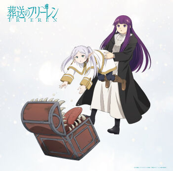 2girls absurdres anime_coloring artist_request black_boots black_pantyhose black_robe blunt_bangs boots brown_boots commentary_request copyright_name copyright_notice dress earrings elf fern_(sousou_no_frieren) floating_earrings frieren grabbing_from_behind green_eyes highres jewelry long_hair long_sidelocks long_sleeves mimic mimic_chest multiple_girls official_art pantyhose parted_bangs parted_lips pointy_ears purple_eyes purple_hair robe sidelocks sousou_no_frieren twintails white_background white_dress white_hair