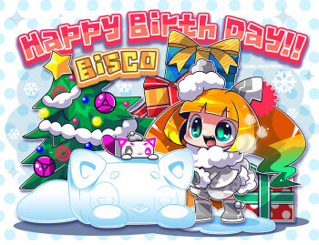 1girl beatstream bemani bisco_(beatstream) boots character_name christmas christmas_present christmas_tree coat commentary_request gift gradient_hair green_eyes grey_boots happy_birthday kumano_sakunosuke long_hair multicolored_hair open_mouth snowflakes solo twintails white_coat