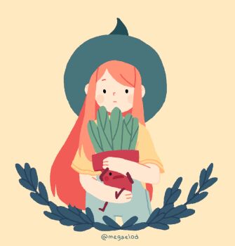 1girl animated animated_gif artist_name black_eyes blush_stickers commentary cropped_legs english_commentary flower_pot hat holding holding_flower_pot long_hair looking_at_viewer megaelod open_mouth orange_hair original overalls plant potted_plant procreate_(medium) shirt simple_background solid_circle_eyes standing witch witch_hat yellow_background yellow_shirt