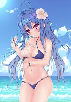 1girl absurdres azur_lane bikini blue_hair blush breasts cleavage commentary_request cowboy_shot curly_hair day flower groin hair_between_eyes hair_flower hair_ornament hand_up helena_(azur_lane) helena_(shimmering_triangle_wave)_(azur_lane) highres long_hair looking_at_viewer medium_breasts multicolored_bikini navel ocean open_mouth outdoors parted_lips purple_eyes solo staring swimsuit two-tone_bikini very_long_hair white_flower yanmaa_(yanmar195)