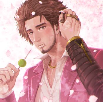 1boy black_nails brown_hair chewing closed_mouth commentary_request dango eating food jacket jewelry kasuga_ichiban male_focus mature_male multiple_rings necklace out_of_frame pectoral_cleavage pectorals petals pink_jacket ring ryuu_ga_gotoku_(series) shirt solo_focus thick_eyebrows wagashi white_shirt yaoi yuuri_(yuri83) zhao_tianyou