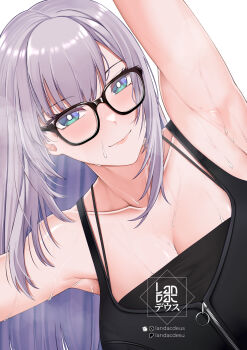 Rule 34 | 1girl, aqua eyes, arm up, armpits, black-framed eyewear, black shirt, breasts, bright pupils, cleavage, closed mouth, commentary, english commentary, glasses, grey hair, highres, hololive, hololive indonesia, landacdeus, large breasts, long hair, looking at viewer, pavolia reine, shirt, simple background, sleeveless, sleeveless shirt, smile, solo, sweat, upper body, virtual youtuber, white background, white pupils