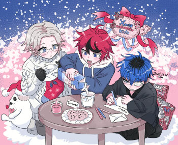 3boys :d ahoge alternate_costume aotsuki_eito artist_name black_gloves black_hair black_streaks blue_eyes blue_hair blue_jacket candle christmas christmas_stocking cookie cup dated drink_carton eyepatch food gingerbread_man glasses gloves grey_eyes grey_hair grey_kimono hat holding holding_milk_carton hood hoodie jacket jacket_over_hoodie japanese_clothes kimono letter looking_at_object male_focus medical_eyepatch milk milk_carton multicolored_hair multiple_boys omokage_yugamu open_mouth pillow plate pouring red_hair red_hat reindeer roots_(hair) santa_hat short_hair sirei_(hundred_line) smile streaked_hair sumino_takumi sweater table teeth the_hundred_line_-last_defense_academy- two-tone_hair upper_teeth_only uzu_(uzusio55) white_hoodie white_jacket white_sweater writing