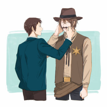 2boys belt black_belt black_pants blazer brown_eyes brown_hat brown_pants brown_shirt closed_eyes collared_shirt commentary_request cowboy_hat facing_another fake_facial_hair fake_mustache green_jacket hair_ribbon hat highres jacket kaikaikai_1211 kita_high_school_uniform koizumi_itsuki kyon long_sleeves looking_at_another multiple_boys neck_ribbon pants ribbon school_uniform sheriff_badge shirt short_hair standing suzumiya_haruhi_no_yuuutsu white_shirt winter_uniform