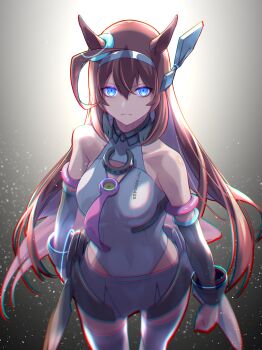 Rule 34 | 1girl, absurdres, ahoge, animal ears, bare shoulders, blue eyes, breasts, brown hair, closed mouth, commentary request, detached sleeves, frown, fune (fune83ojj), grey hairband, grey leotard, grey skirt, grey sleeves, hair between eyes, hairband, highleg, highleg leotard, highres, horse ears, horse girl, horse tail, large breasts, leotard, long hair, looking at viewer, lowleg, lowleg skirt, mihono bourbon (mb-19890425) (umamusume), mihono bourbon (umamusume), necktie, pink necktie, silver hairband, skirt, solo, tail, thighhighs, umamusume, white leotard, white thighhighs