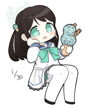 1girl airi_(blue_archive) black_hair black_shoes blue_archive blue_bow blue_sailor_collar bow chibi dated food food-themed_hair_ornament full_body green_eyes hair_ornament halo highres holding holding_food ice_cream ice_cream_cone ice_cream_hair_ornament long_hair looking_at_viewer miranofuudoria multiple_scoops one_side_up pleated_skirt sailor_collar shirt shoes simple_background sitting skirt solo thighhighs wafer_stick white_background white_shirt white_skirt white_thighhighs