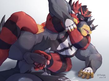 abs arange_(youhei79384157) bara choke_hold claws commentary cum dated drooling ejaculation erection footjob furry furry_male gen_7_pokemon gen_8_pokemon grin highres incineroar legendary_pokemon looking_at_another male_focus muscular muscular_male nintendo nipples open_mouth pawpads pectorals penis pokemon pokemon_(creature) saliva smile strangling symbol-only_commentary testicles urshifu wrestling yaoi