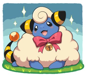 absurdres animal_focus bell blush bow fluffy full_body gen_2_pokemon highres maddybakery mareep neck_bell nintendo no_humans open_mouth pokemon pokemon_(creature) pokemon_focus red_bow sheep smile solo tail