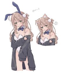Rule 34 | 1girl, absurdres, alternate costume, anger vein, animal ear fluff, animal ears, artist name, bare shoulders, black jacket, blue bow, blue bowtie, blush, bow, bowtie, cat ears, detached collar, fake animal ears, green eyes, highres, indie virtual youtuber, jacket, leotard, light brown hair, long hair, looking at viewer, multiple views, off shoulder, one side up, playboy bunny, pom pom (clothes), pout, rabbit ears, roku 6, shigure ui (vtuber), simple background, single hair ring, sleeves past wrists, solo, spoken anger vein, strapless, strapless leotard, tearing up, tears, white background, white leotard