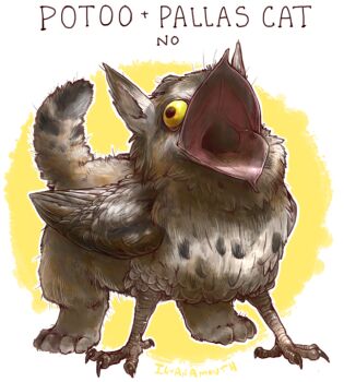 animal animal_focus animal_name artist_name bird border bulging_eyes cat commentary creature creature_focus ears_up english_commentary english_text fantasy feathered_wings full_body grey_feathers grey_fur griffin head_back iguanamouth no_humans open_mouth original pallas_cat potoo short_tail simple_background standing tail what white_border wide_mouth wings yellow_background yellow_eyes