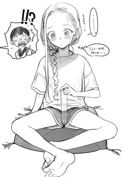... 1boy 1girl barefoot blush braid commentary_request dolphin_shorts embarrassed fujihara_(haguhagu) greyscale gym_uniform haguhagu_(rinjuu_circus) hair_over_shoulder highres indian_style loli long_hair measuring monochrome open_mouth original parted_lips penis_awe penis_measuring ruler sasha_(haguhagu) sexually_suggestive shirt short_shorts short_sleeves shorts simple_background sitting soles solo_focus spoken_ellipsis translated white_background wide-eyed