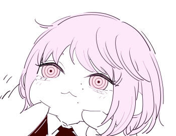 1girl 1other :3 chainsaw_man cheek_poking chibi chibi_only closed_mouth collared_shirt deer60868637 fami_(chainsaw_man) limited_palette pink_eyes poking purple_hair ringed_eyes shirt