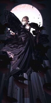 Rule 34 | 1girl, artoria pendragon (fate), beak, bird, bird wings, black boots, black bow, black cape, black choker, black dress, black sky, black sleeves, blonde hair, boots, bow, braid, braided bun, breasts, cape, choker, closed mouth, collarbone, commentary request, crow, debg0423, detached sleeves, door, dress, excalibur morgan (fate), fate/grand order, fate (series), feathered wings, feathers, floating cape, floating clothes, flower, flying, full body, full moon, hair between eyes, hair bow, hair bun, highres, holding, holding flower, holding sword, holding weapon, juliet sleeves, long sleeves, looking at object, looking down, medium breasts, moon, night, outdoors, puffy sleeves, red flower, saber alter, saber alter (final ascension), short hair, sidelocks, sky, sleeveless, sleeveless dress, solo, stairs, standing, sword, weapon, wide sleeves, wings