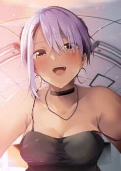 1girl bare_shoulders black_camisole black_choker blush breasts camisole choker commentary_request earrings highres hoop_earrings jewelry looking_at_viewer medium_breasts neck open_mouth pink_hair ryouma_(galley) short_hair smile solo strap_slip tateha_ruri teeth upper_body upper_teeth_only yellow_eyes yumeochi_-_yume_de_bokura_wa_koi_ni_ochiru