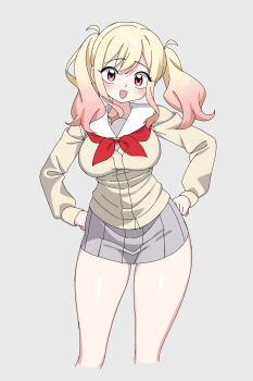 1girl :d blonde_hair blush breasts cardigan choppy_bangs commentary_request cropped_legs gradient_hair grey_background grey_skirt hands_on_own_hips highres large_breasts long_hair long_sleeves looking_at_viewer miniskirt moeruru8812 multicolored_hair neckerchief open_mouth pink_eyes pleated_skirt project_sekai red_neckerchief sailor_collar school_uniform serafuku simple_background skirt smile solo straight-on tenma_saki twintails white_sailor_collar yellow_cardigan