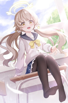 1girl :d absurdres black_pantyhose black_sailor_collar blue_archive blue_skirt blush bow bowtie brown_hair buttons cardigan classroom commentary daoyan day desk dutch_angle feet fine_fabric_emphasis floating_hair frilled_skirt frills full_body hair_between_eyes hair_ornament halo hand_up happy hifumi_(blue_archive) highres indoors legs long_hair long_sleeves looking_at_viewer low_twintails miniskirt no_shoes on_desk open_mouth pantyhose sailor_collar school_desk school_uniform serafuku sidelighting sitting skirt smile soles solo sparkle tareme teeth toes twintails upper_teeth_only very_long_hair white_cardigan window wing_hair_ornament winged_halo yellow_bow yellow_bowtie yellow_eyes yellow_halo