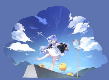 1girl :o absurdres aircraft airplane artist_request azur_lane barefoot black_jacket blue_hair blue_horns blush closed_eyes cloud double_bun dress frown hair_bun hairband highres holding holding_shoes holding_unworn_clothes horns i-13_(after-school_observations)_(azur_lane) i-13_(azur_lane) jacket jet_airliner looking_at_viewer manjuu_(azur_lane) multicolored_hair non-web_source official_alternate_costume official_art purple_hair shoes sleeveless sleeveless_dress smile soles unworn_shoes white_dress